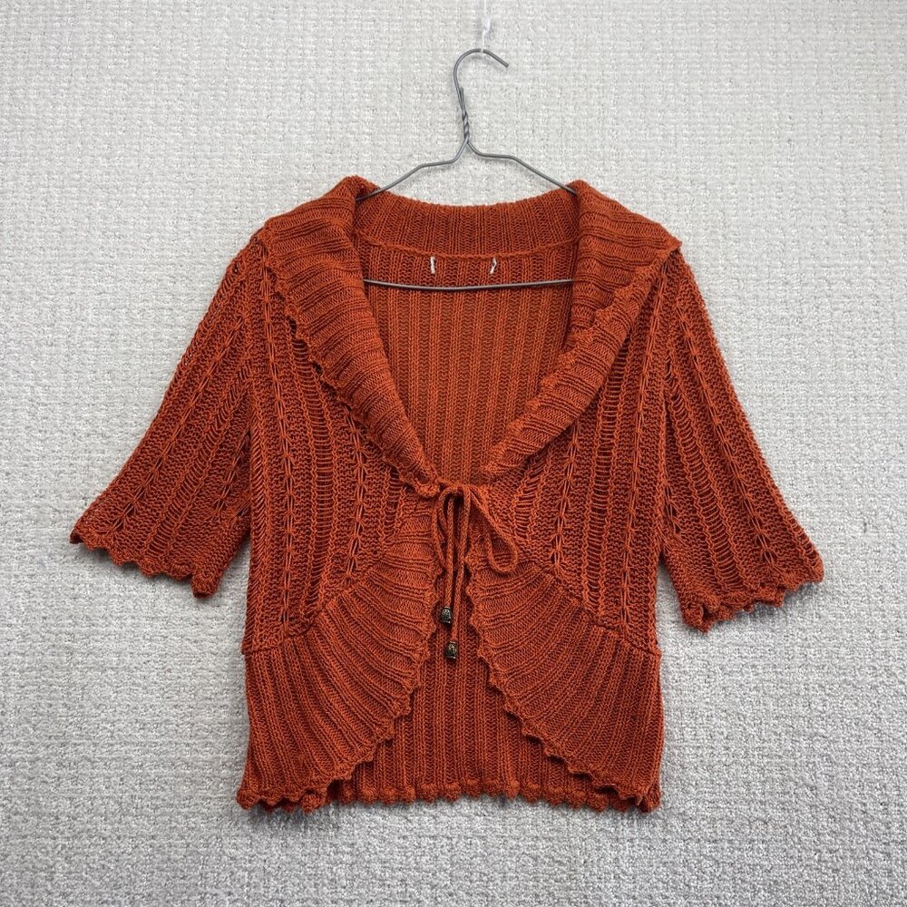 Boho Open Knit Tie Front Shrug / Cardigan Festival Crochet Rusted Orange Read